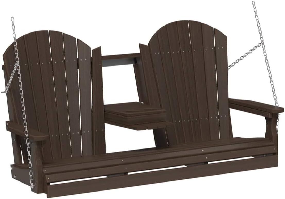 LuxCraft 5' Adirondack Hanging Front Porch Swing with Flip Down Console, Seats Up to 3, Outdoor Patio Swing Bench for Outside (Brazilian Walnut)