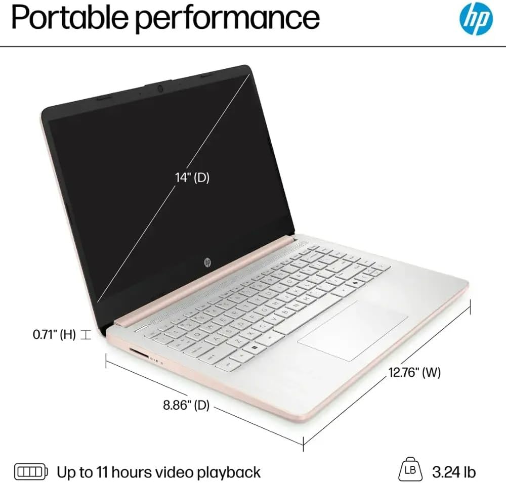 HP 14 Laptop Ultra Thin & Light, Intel N150 Quad-Core Processor, 16G RAM, 128GB SSD, HDMI, USB-C, WiFi 6, SD Card Reader, Microsoft Office 365 Included, Windows 11, Rose Gold, XtreDura Accessories