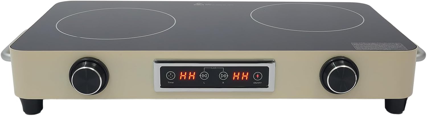 Double-Burner Electric Cooktop, Portable Double Induction Cook-top, 1100w Countertop Double Burner Ceramic Cooktop with 99min Timing Function, Child-Lock, Overheat Protection (Cream Yellow)
