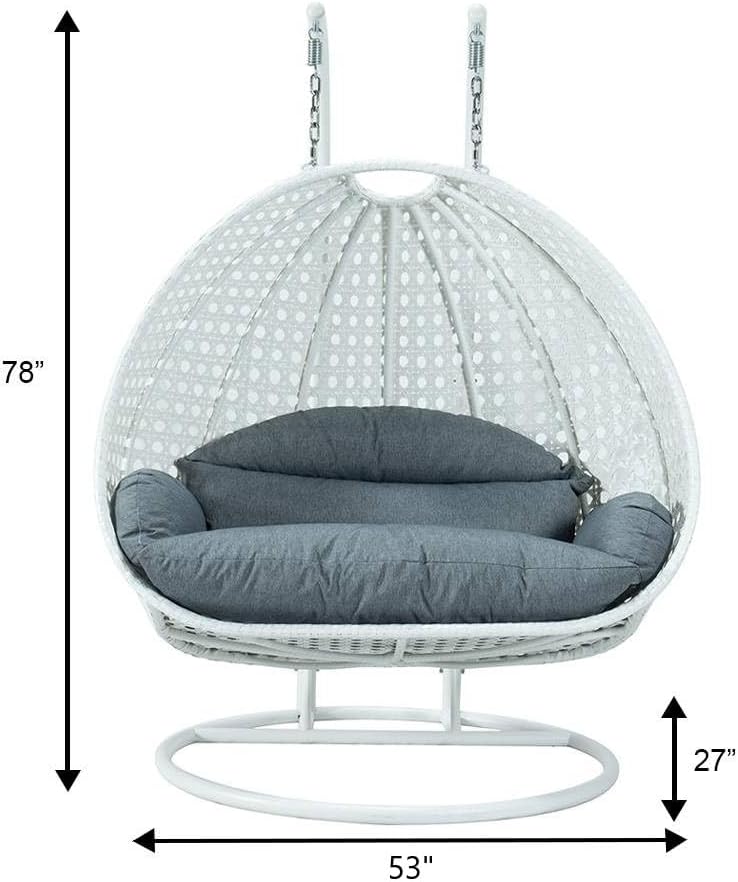 LeisureMod 2 Person Hanging Egg Chair, Indoor Outdoor Patio Lounge Swing with White Stand & UV-Resistant Cushions, Hammock Chair for Bedroom & Garden, Charcoal Blue