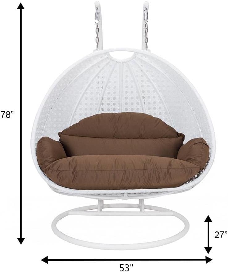 LeisureMod 2 Person Hanging Egg Chair, Indoor Outdoor Patio Lounge Swing with White Stand & UV-Resistant Cushions, Hammock Chair for Bedroom & Garden, Brown