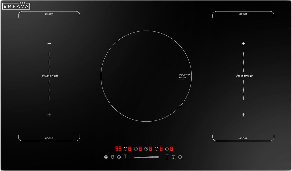 Empava 36 Inch Electric Induction Cooktop Built-In, 5 Zone Smooth Glass Surface, Dual Bridge-Sync, Touch Slider Control, Power Boost, Stop & Go, Timer, Child Lock, Hardwired Kitchen Appliance