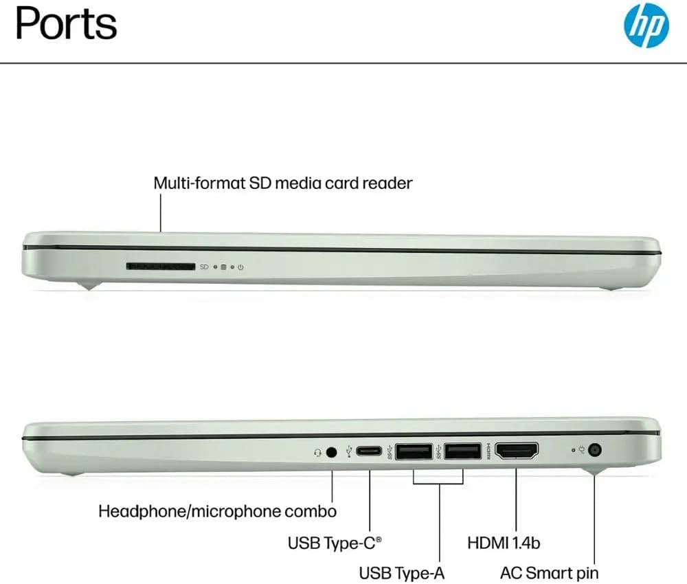 HP Ultra Thin 14' Laptop with Copilot, Intel N150, 16GB RAM, 384GB(128GB eMMC+256GB SD Card) • HUB • Mouse, Windows 11 Pro, 1-Year Office 365, Lightweight Green Notebook for Work & School