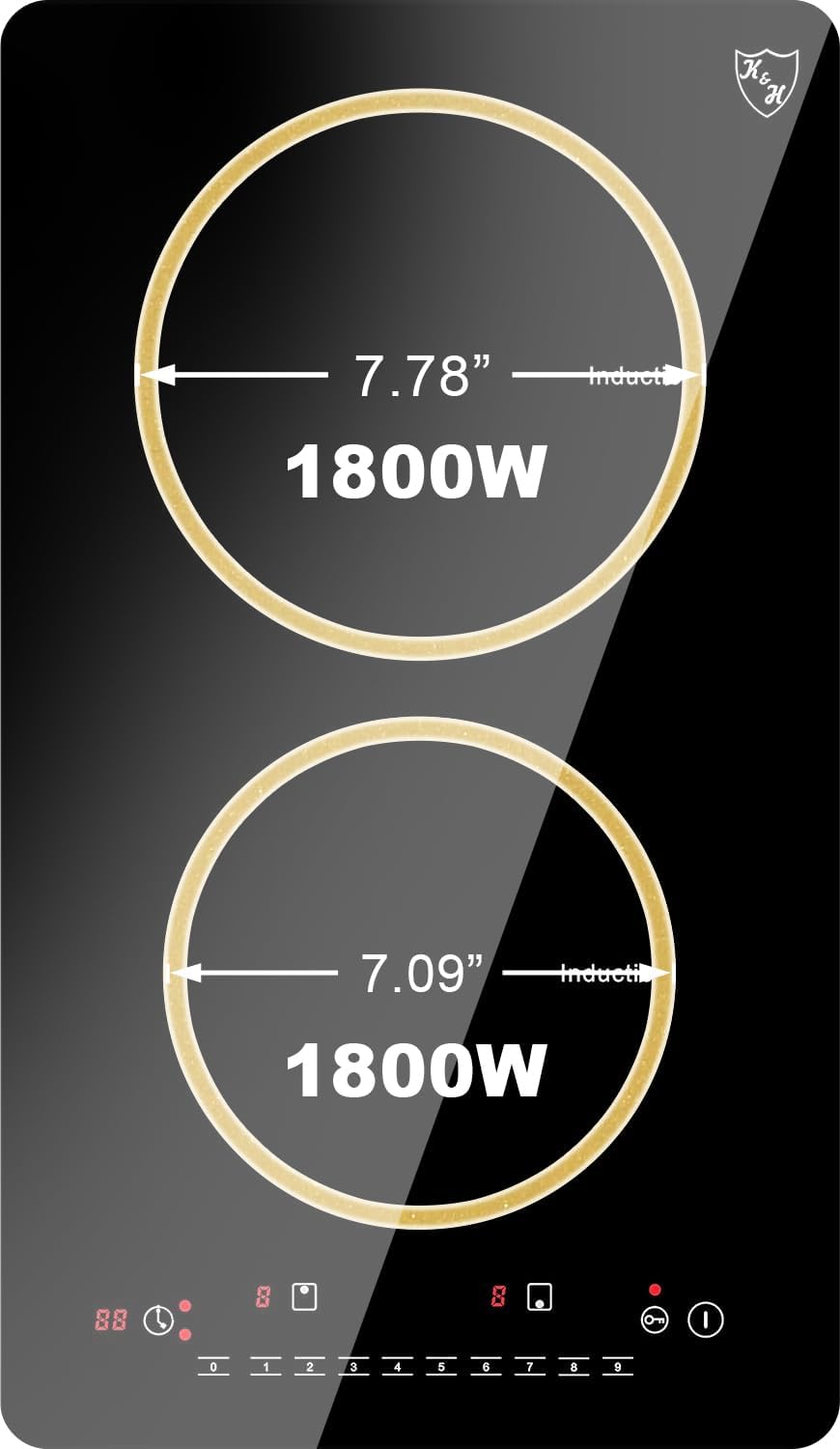 K&H Dual Induction Cooktop - 12 Inch Portable Electric Stove Top with 9 Heating Levels - 220V, 3100W Built-in Ceramic Glass Portable Induction Cooktop - Touch Control, Timer & Child Lock, INDV-3102