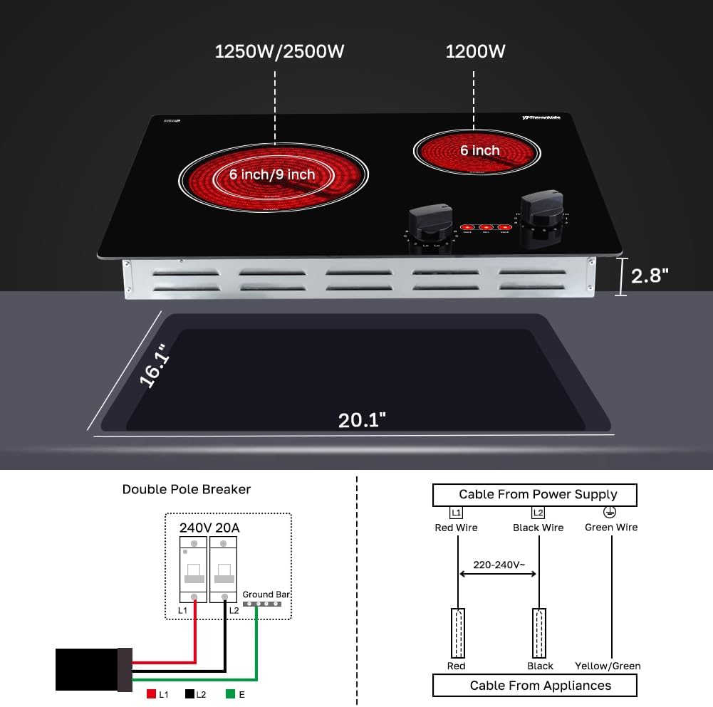 Apartment Electric Cooktop, ThermoMate 21 Inch Built-in Radiant Electric Stove Top, 3700W Ceramic Stove Top with 2 Burners, UL Certified, Knob Control, 240V