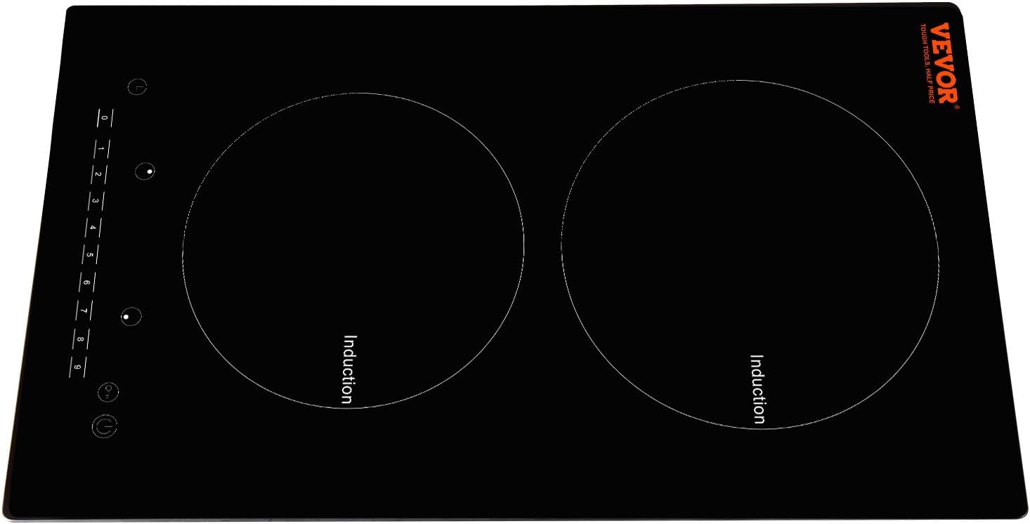 VEVOR Electric Cooktop, 2 Burners, 12'' Induction Stove Top, Built-in Magnetic Cooktop 1800W, 9 Heating Level Multifunctional Burner, LED Touch Screen w/Child Lock & Over-Temperature Protection