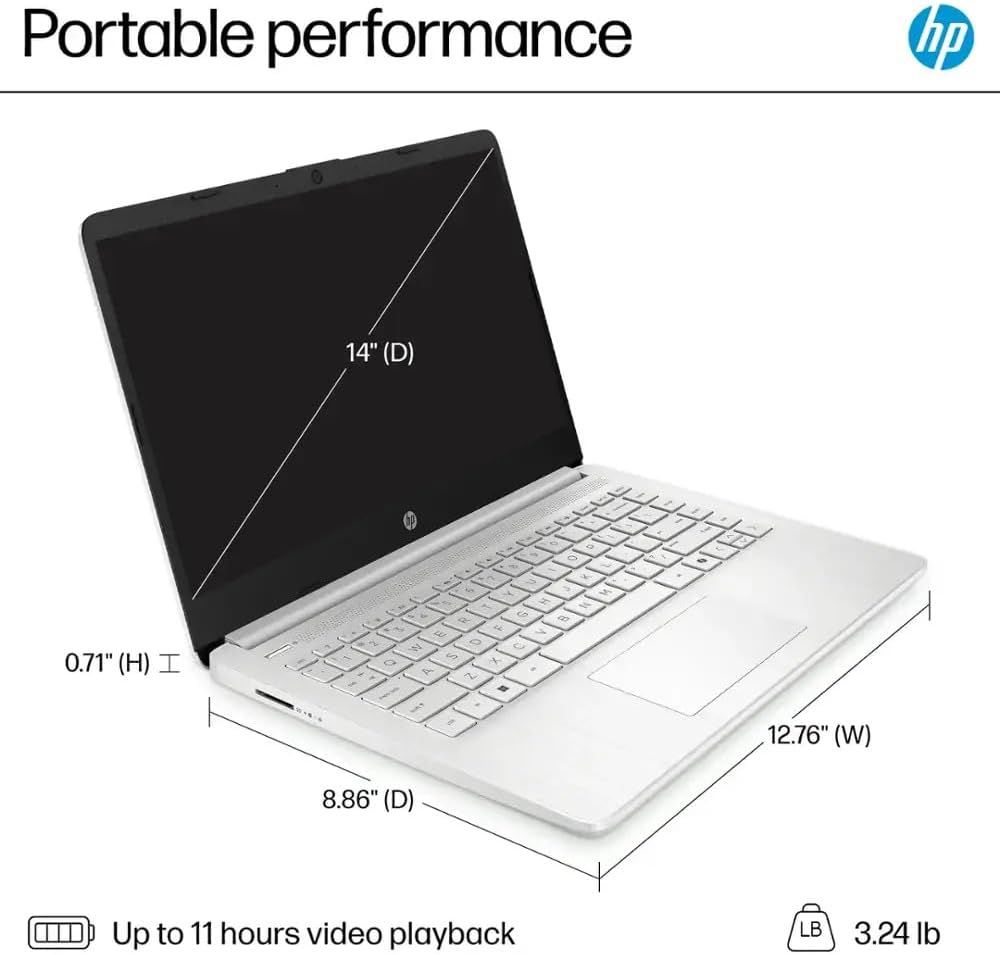 HP 14 Laptop Ultra Thin & Light, Intel N150 Quad-Core Processor, 16G RAM, 128GB SSD, HDMI, USB-C, WiFi 6, SD Card Reader, Microsoft Office 365 Included, Windows 11, Silver, XtreDura Accessories
