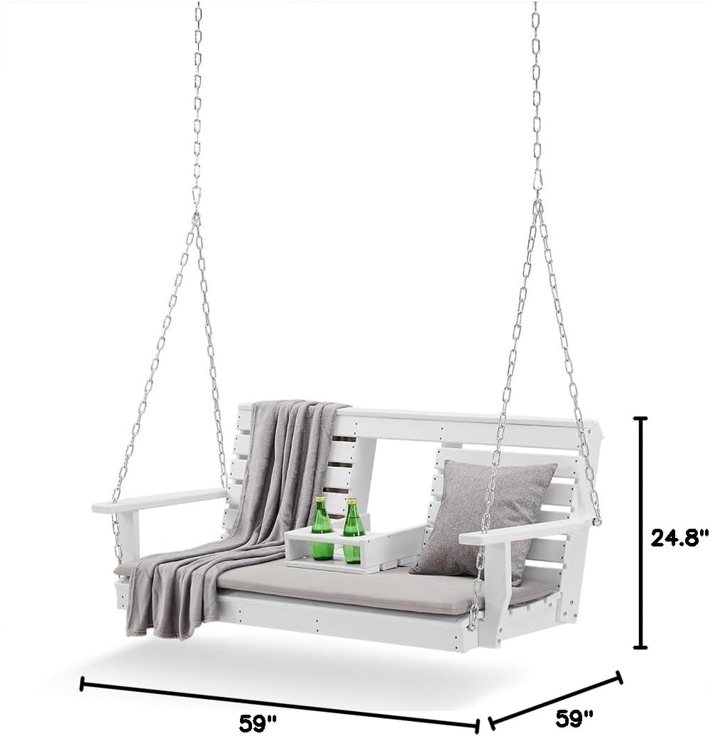 Heavy Duty Poly Lumber HDPE Porch Swing with Mounting Kit and Accessories Outdoor Hanging Chair with Cup Holders Swinging Bench for Patios, Backyard Poly Wooden Seating, Sturdy Steel Chains