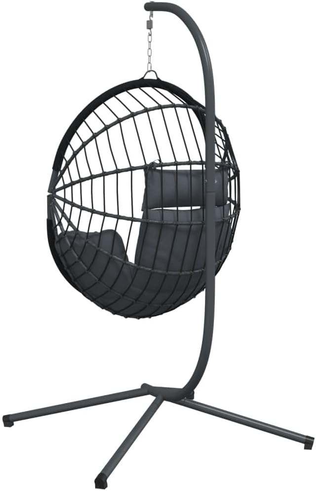 vidaXL Hanging Egg Chair with Stand - Anthracite Rattan and Steel Frame, Cushions Included - Ultimate Indoor/Outdoor Relaxing Seat, Garden, Patio, Living Room Decor, Maximum Load 330.7 lb