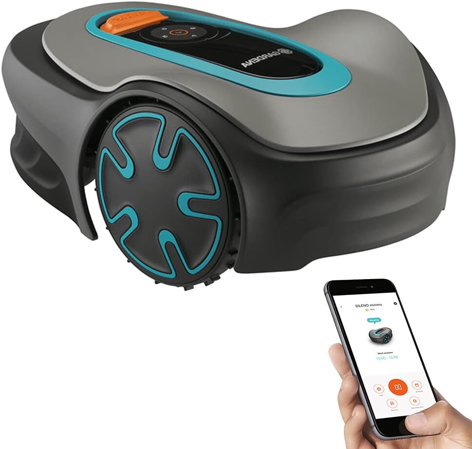 GARDENA 15202-41 SILENO Minimo - Automatic Robotic Lawn Mower, with Bluetooth app and Boundary Wire, one of The quietest in its Class, for lawns up to 5400 Sq Ft, Made in Europe, Grey
