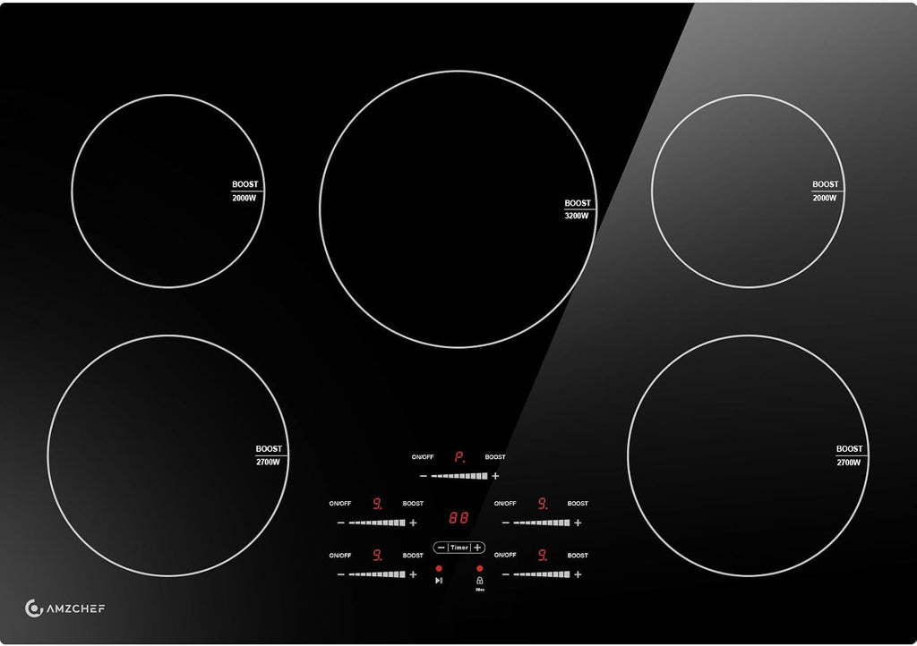 30 Inch 10600W Induction Cooktop,AMZCHEF 9 Levels Electric Cooktop with 5 BOOST Burners, Bulid-in Induction Stove Control by Slide Touchscreen, Safety Lock, Independent Timer, No Plug, 240V