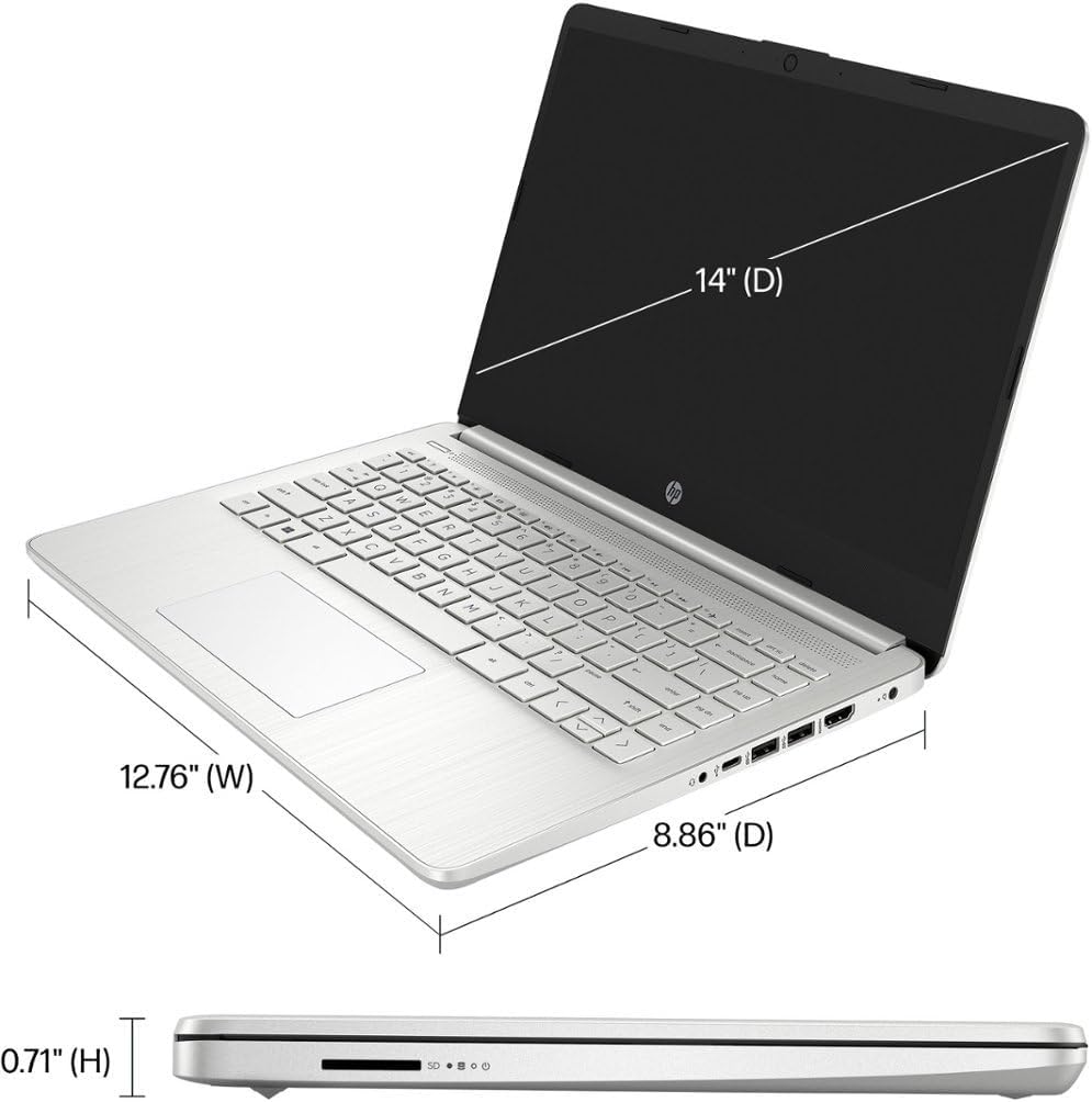 HP 14' HD Student Business Laptop, Intel Quad-Core N4120, 8GB RAM, 128GB eMMC, 1 Year Office 365, Slim Design, Webcam, HDMI, Bluetooth, WiFi, Win 11 S, Silver