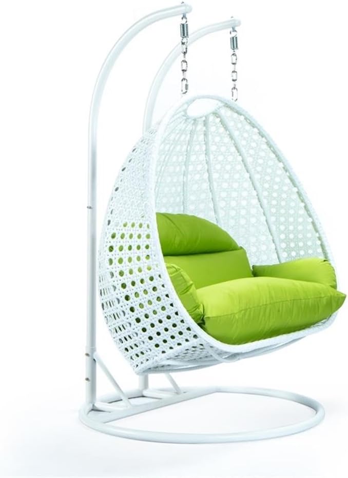 LeisureMod 2 Person Hanging Egg Chair, Indoor Outdoor Patio Lounge Swing with White Stand & UV-Resistant Cushions, Hammock Chair for Bedroom & Garden, Light Green