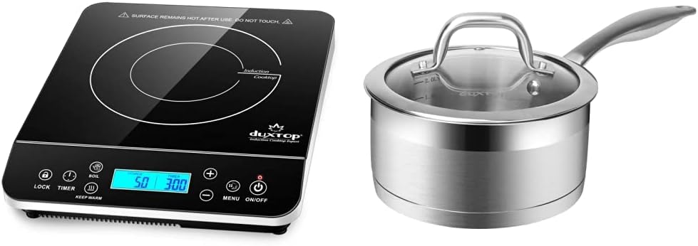 Duxtop Portable Induction Cooktop, 1800 Watts, Silver 9600LS/BT-200DZ & Professional Stainless Steel Sauce Pan with Lid, Kitchen Cookware, Induction Pot with Impact-bonded Base Technology, 2.5 Quart