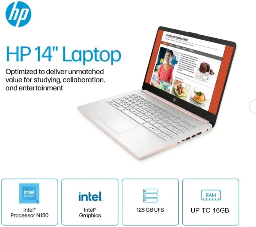 HP Student Laptop, Intel Processor N150(up to 3.6 GHz), 14 Inch LED Screen,8G RAM, 128GB Storange,One Year Office 365, Windows 11 Home,w/YYY Bundle,Rose Gold