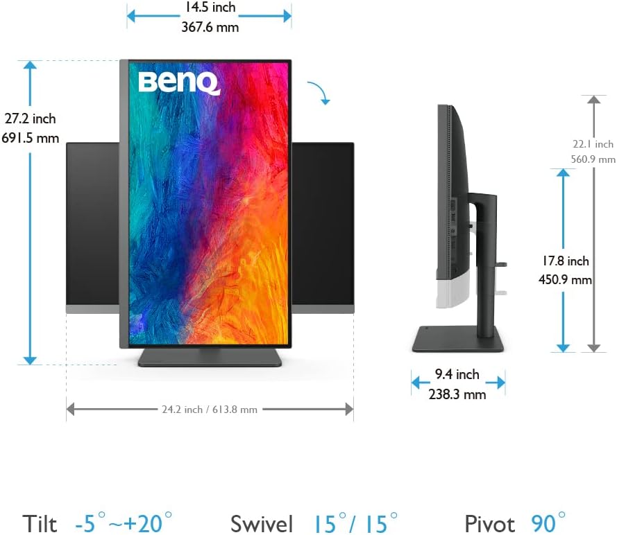 BenQ PD2706U Mac-Ready Monitor 27' 4K UHD, 90W USB-C, 99% sRGB, 95% P3, DeltaE ≤3, DisplayHDR 400, IPS, AQCOLOR, Factory-Calibrated, Uniformity, HotKey Puck, Ergonomic, DisplayPort, KVM, USB Hub