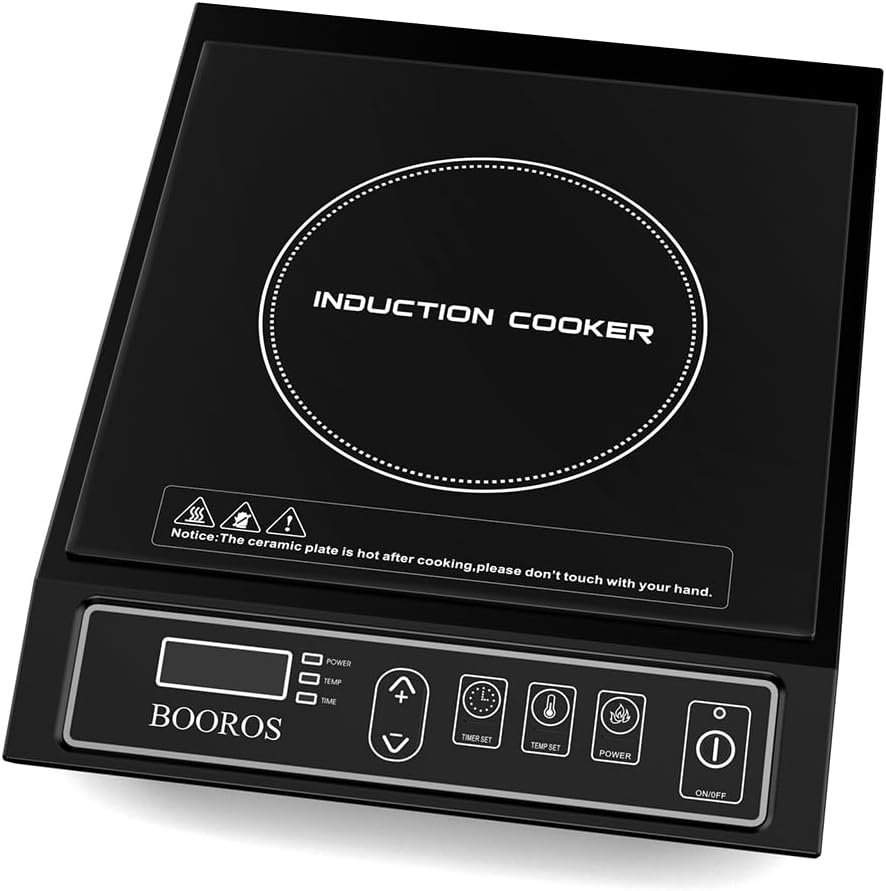BOOROS Portable Induction Cooktop 1800W Induction Hot Plates for Countertop,8.66-Inch Dual Heating Coils,10 Temperature Levels 175-520°F (80-270°C),24-Hour Timer,Key Touch,Easy to Clean,Black,110V