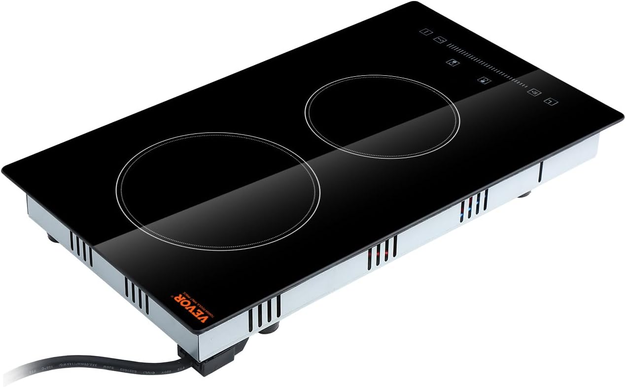 VEVOR Built in Electric Stove Top, 12 inch 2 Burners Ceramic Cooktop, Glass Radiant Cooktop with Sensor Touch Control, Timer & Child Lock Included, 9 Power Levels for Simmer Steam Slow Cook Fry,110V