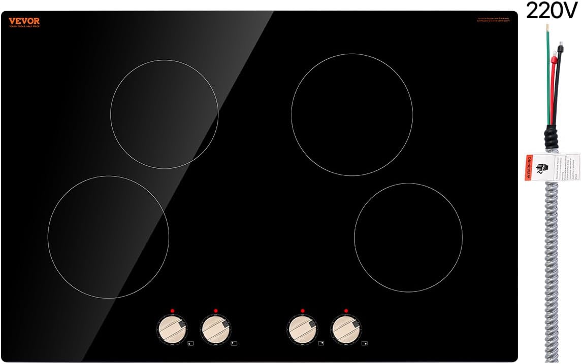 VEVOR Induction Cooktop, 6600W Electric Countertop Burner, 4 Burner Knob Control Stove, Built-in Induction Cooktop with 12 Temperature Settings, Glass Surface, Auto Shut-Off