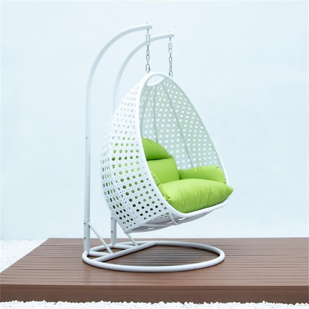 LeisureMod 2 Person Hanging Egg Chair, Indoor Outdoor Patio Lounge Swing with White Stand & UV-Resistant Cushions, Hammock Chair for Bedroom & Garden, Light Green