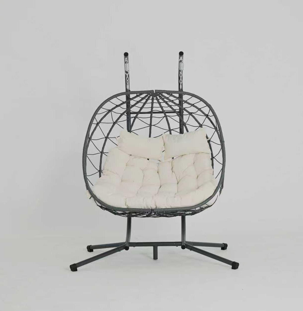 2 - Person Hanging Egg Chair with Stand, Steel Frame, for Outdoor & Indoor Use Double Wicker Egg Chair for Patio, Garden, or Balcony, Beige Cushion