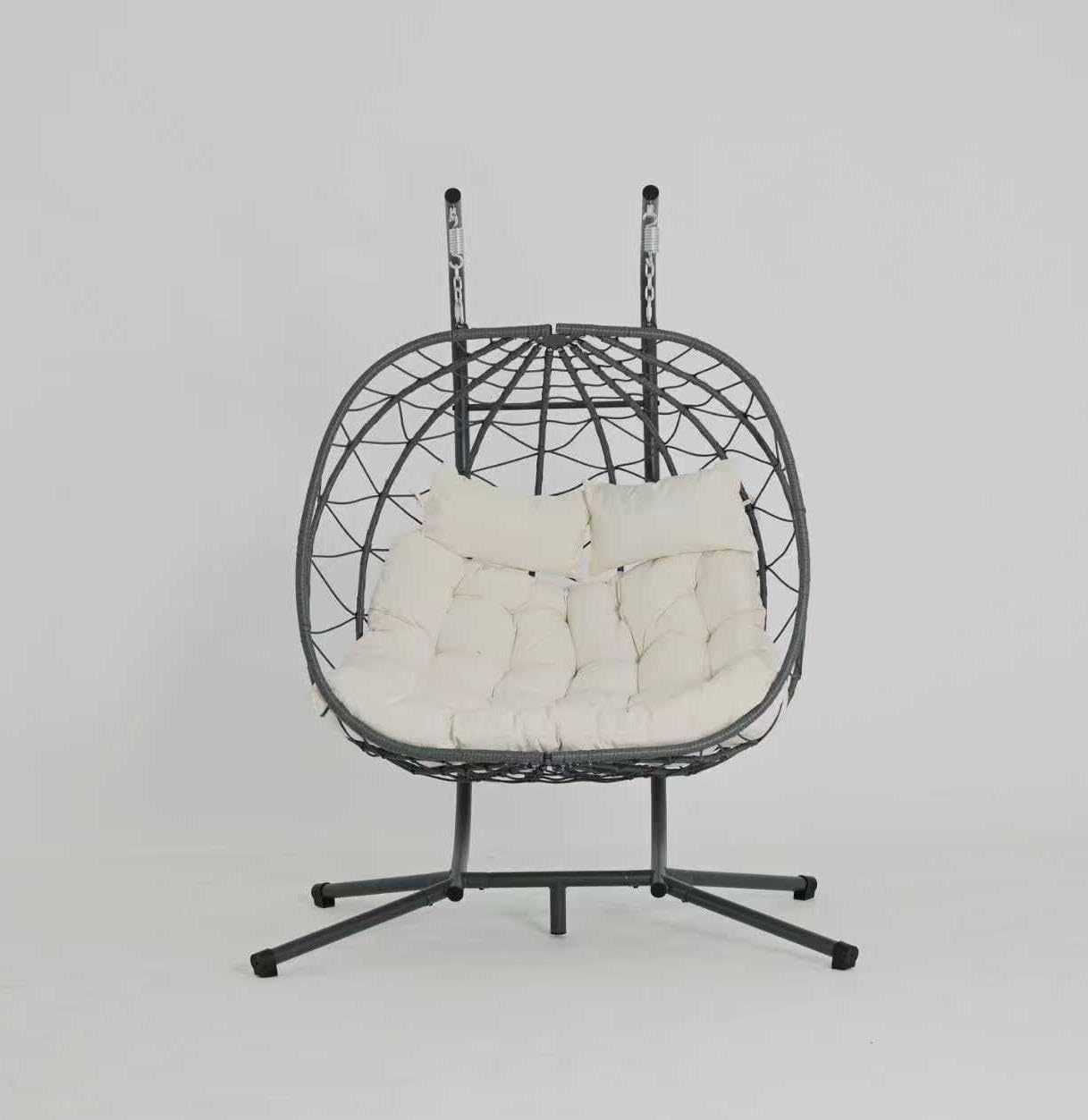2 - Person Hanging Egg Chair with Stand, Steel Frame, for Outdoor & Indoor Use Double Wicker Egg Chair for Patio, Garden, or Balcony, Beige Cushion