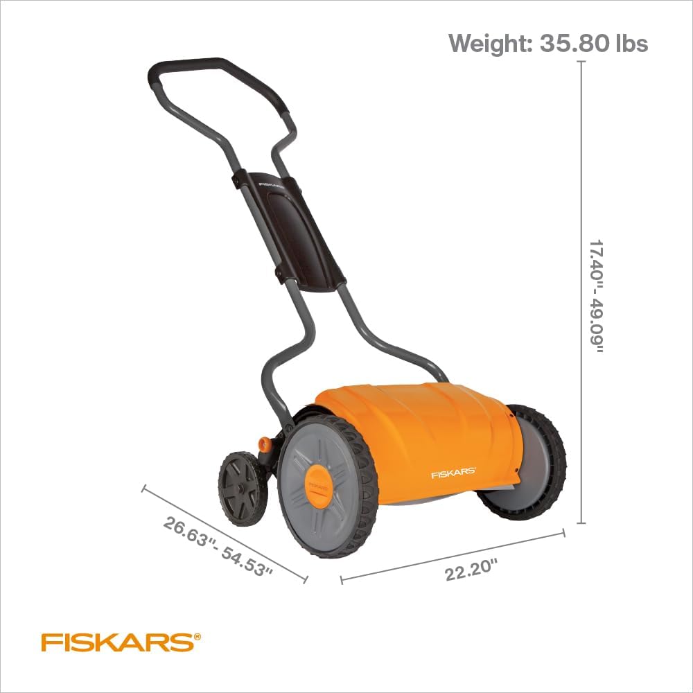 Fiskars Push Mower - 17' Cut Width Manual Reel Mower with No Motor - Grass Cutter with Steel Blades that Stay Sharp - Eco-Friendly Cordless Grass Trimmer for Lawn Care