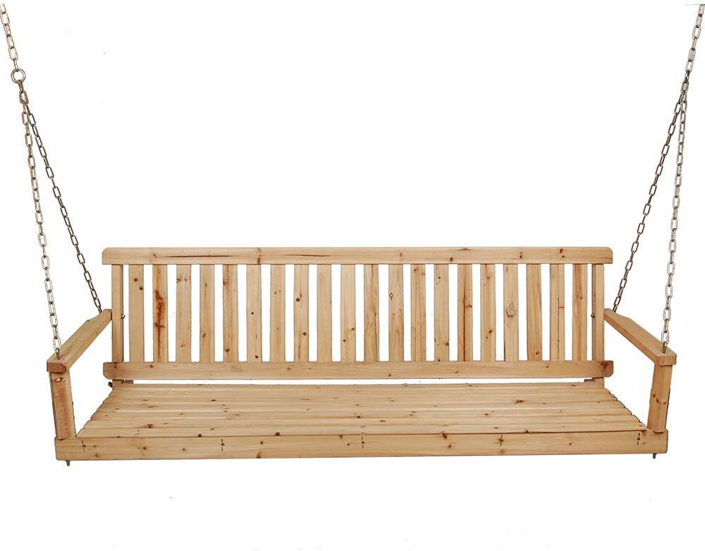 Garden Bench Seat 48-inch Wooden Porch Swing Bench with Metal Chain, with armrests and backrest Solid Wood Leisure Rocking Chair Swing Hanging Chair, Anticorrosive Hanging Bench for Outdoor