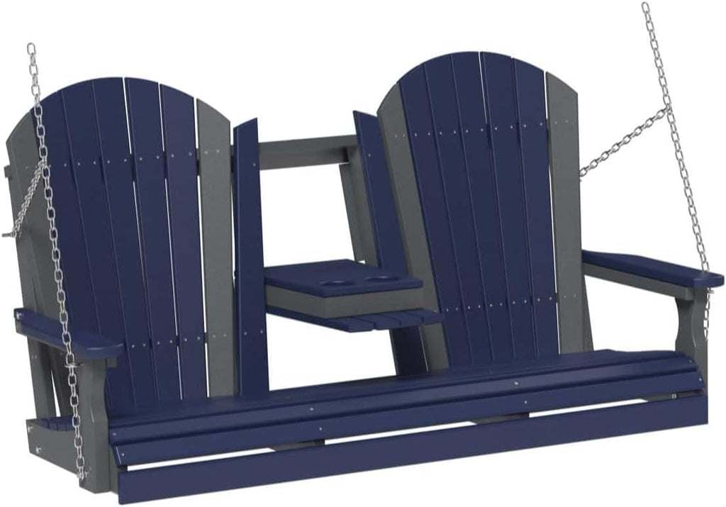 LuxCraft 5' Adirondack Hanging Front Porch Swing with Flip Down Console, Seats Up to 3, Outdoor Patio Swing Bench for Outside (Patriot Blue/Slate)