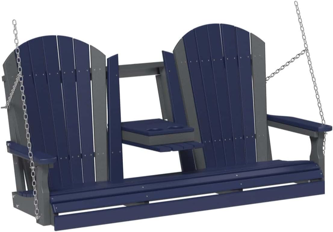 LuxCraft 5' Adirondack Hanging Front Porch Swing with Flip Down Console, Seats Up to 3, Outdoor Patio Swing Bench for Outside (Patriot Blue/Slate)