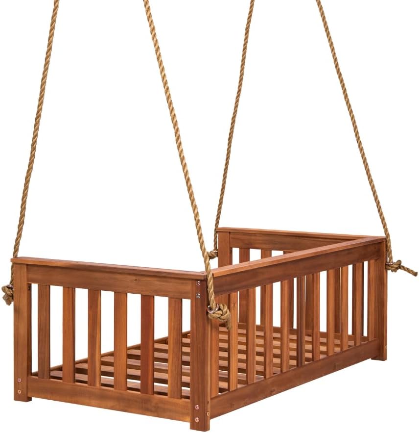 East Green Charleston Outdoor Daybed Swing with Ropes - Crib Size Porch Swing Bed Made from Acacia Wood in Natural Finish