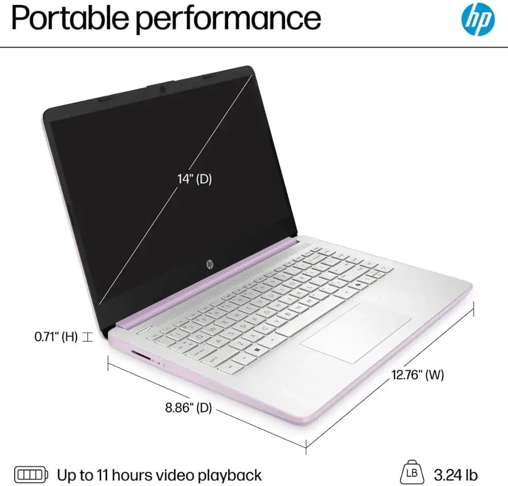 HP Ultra Thin 14' Laptop with Copilot, Intel Quad-Core N150, 16GB RAM, 384GB(128GB eMMC+256GB SD Card) • HUB • Mouse, Windows 11 Pro, 1-Year Office 365, Lightweight Purple Notebook for Work & School