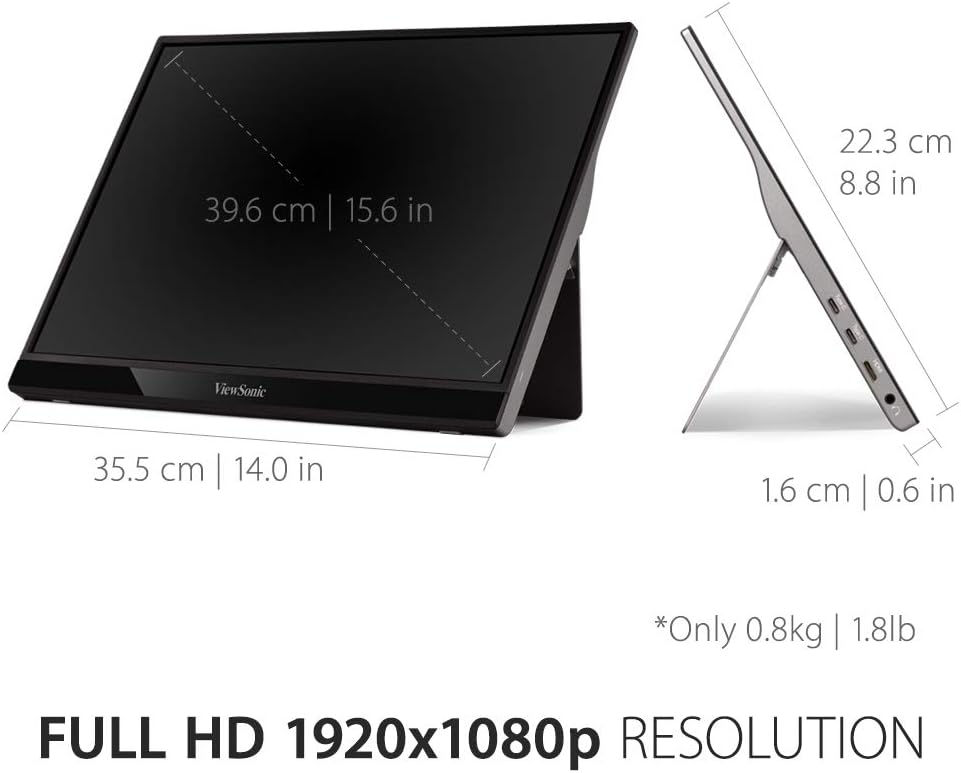 ViewSonic VG1655 15.6 Inch 1080p Portable Monitor, IPS Display with Eye Care for Comfortable Mobile Workspaces and Second Screen Productivity, Built-in Stand, 60W USB-C, and mini HDMI Inputs