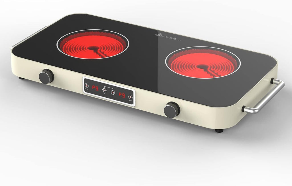 ANHANE 2200W Double Electric Cooktop: 12 Inch Portable Ceramic Infrared Hot Plate with 9 Power Levels & Timer - 110V/120V Countertop Burner with Reliable Knob Control, Works with All Cookware