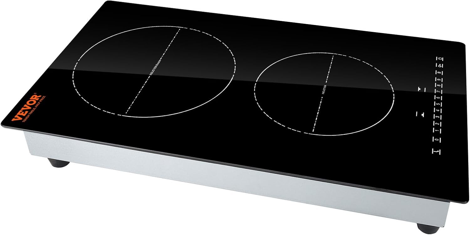 VEVOR Electric Cooktop, 2 Burners, 12'' Induction Stove Top, Built-in Magnetic Cooktop 3000W, 9 Heating Level Multifunctional Burner, LED Touch Screen w/Child Lock & Over-Temperature Protection