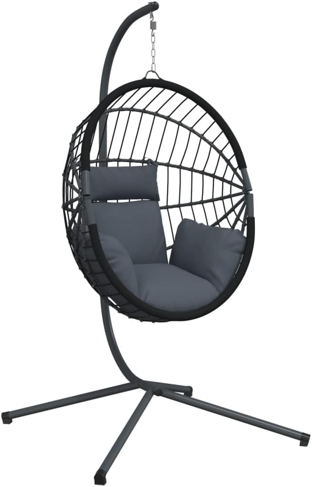 vidaXL Hanging Egg Chair with Stand - Anthracite Rattan and Steel Frame, Cushions Included - Ultimate Indoor/Outdoor Relaxing Seat, Garden, Patio, Living Room Decor, Maximum Load 330.7 lb