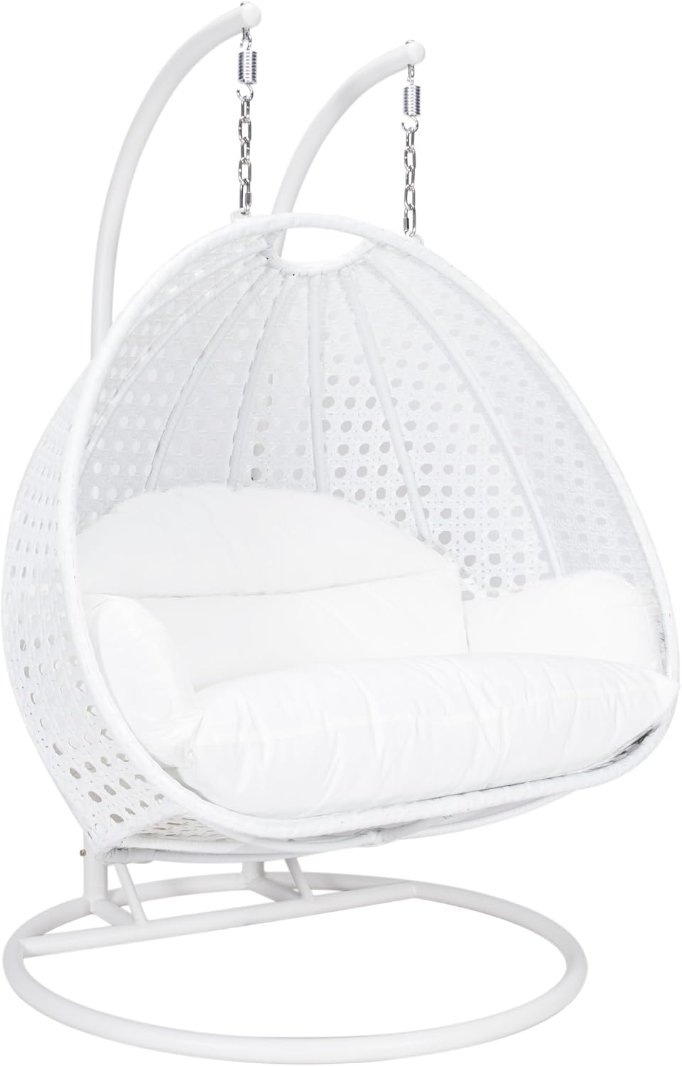 LeisureMod 2 Person Hanging Egg Chair, Indoor Outdoor Patio Lounge Swing with White Stand & UV-Resistant Cushions, Hammock Chair for Bedroom & Garden, White