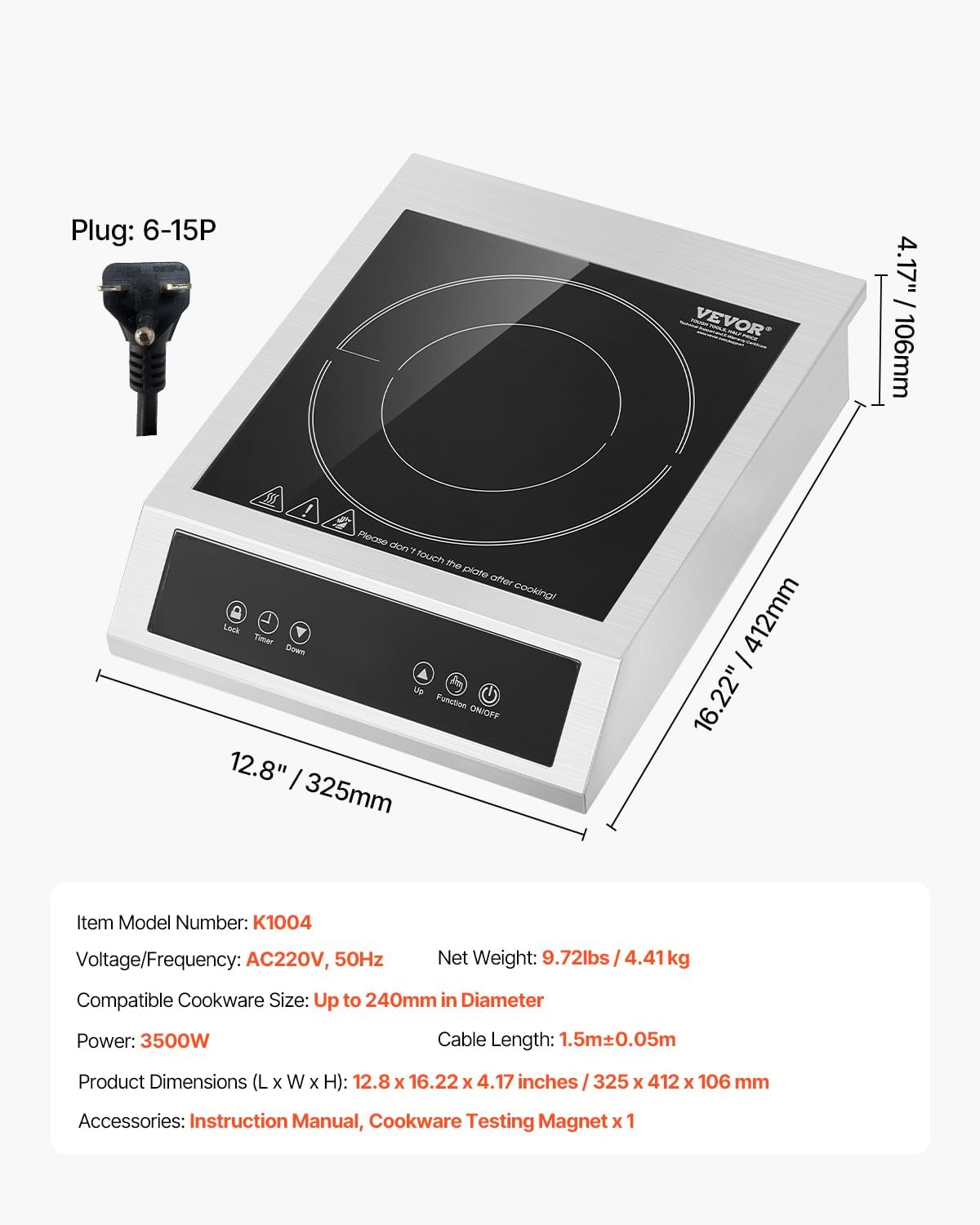VEVOR Induction Cooktop, 3500W Commercial Induction Burner with 11-Level Temperature, Stainless Steel Countertop Induction Hot Plate with 3H Timer, Child Lock for Restaurant (6-15P Plug, 6-20R Outlet)