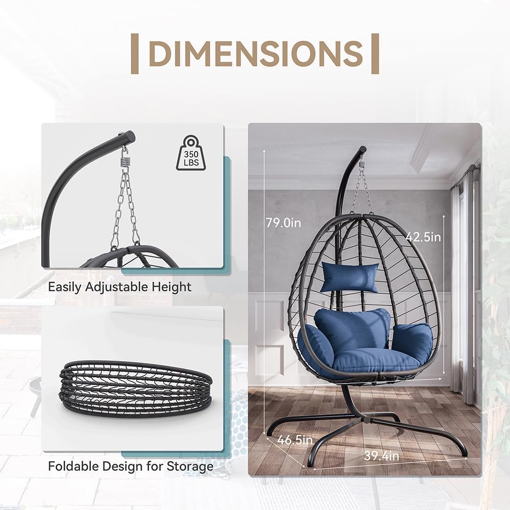Kurapika Egg Swing Chair Indoor Outdoor Patio Wicker Rattan Hanging Egg Chair with Stand, Hammock Swing with Cushioned Headrest, 350LB Capacity for Bedroom, Balcony, Garden (Navy Blue)