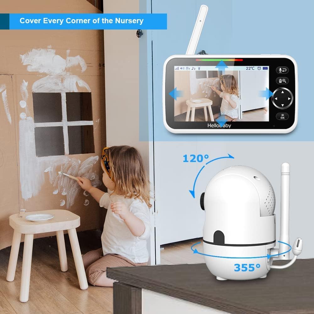 HelloBaby 5' Screen Baby Monitor with 3 Cameras - No WiFi HB6550 Video Baby Monitor, 1000ft Long Range, ECO, 26 Hour Battery, Pan-Tilt-Zoom Night Vision, Temperature Sensor & 2-Way Audio, 8 Lullabies