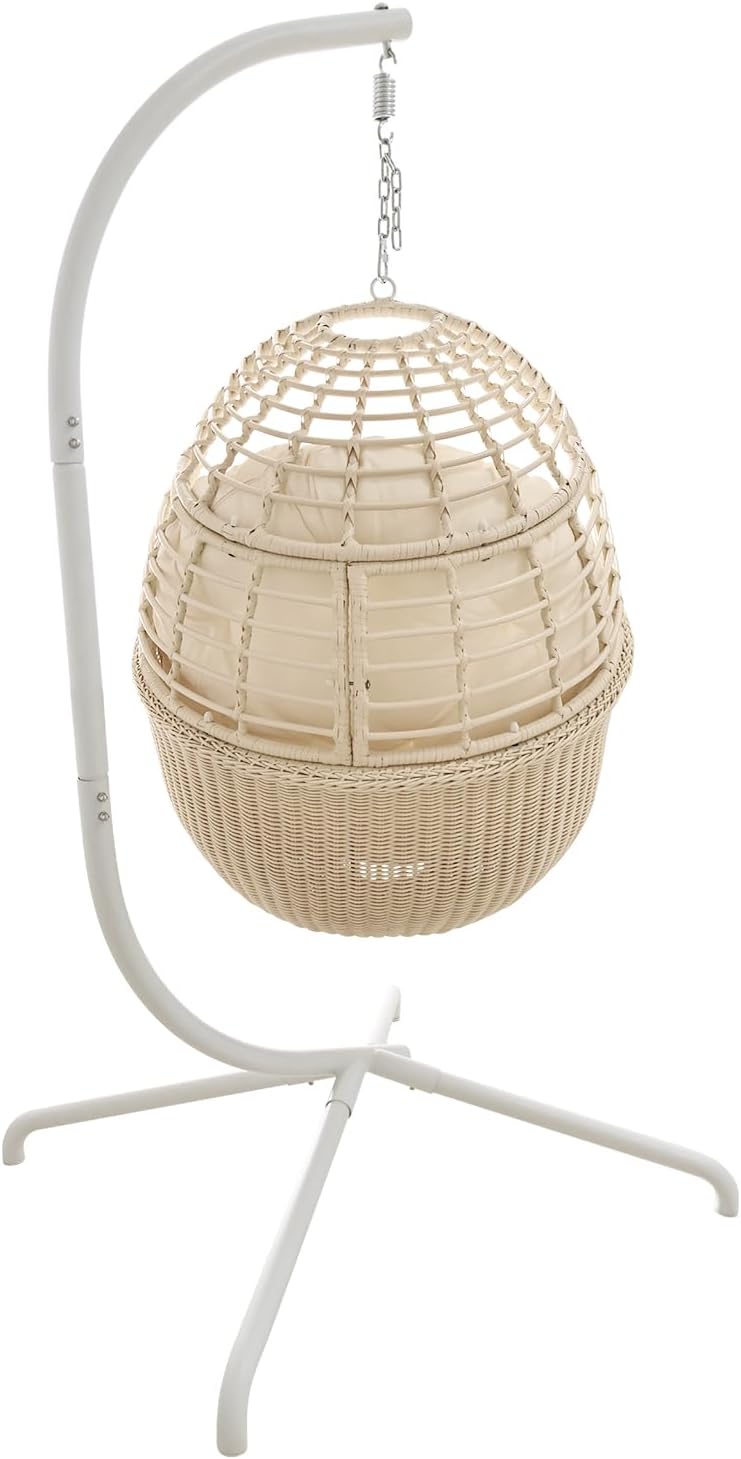 Hanging Egg Chair Swing Chair with Stand Wicker Rattan Chair for Indoor Outdoor Patio Bedroom Hammock Chair with Steel Frame and Cushion Beige
