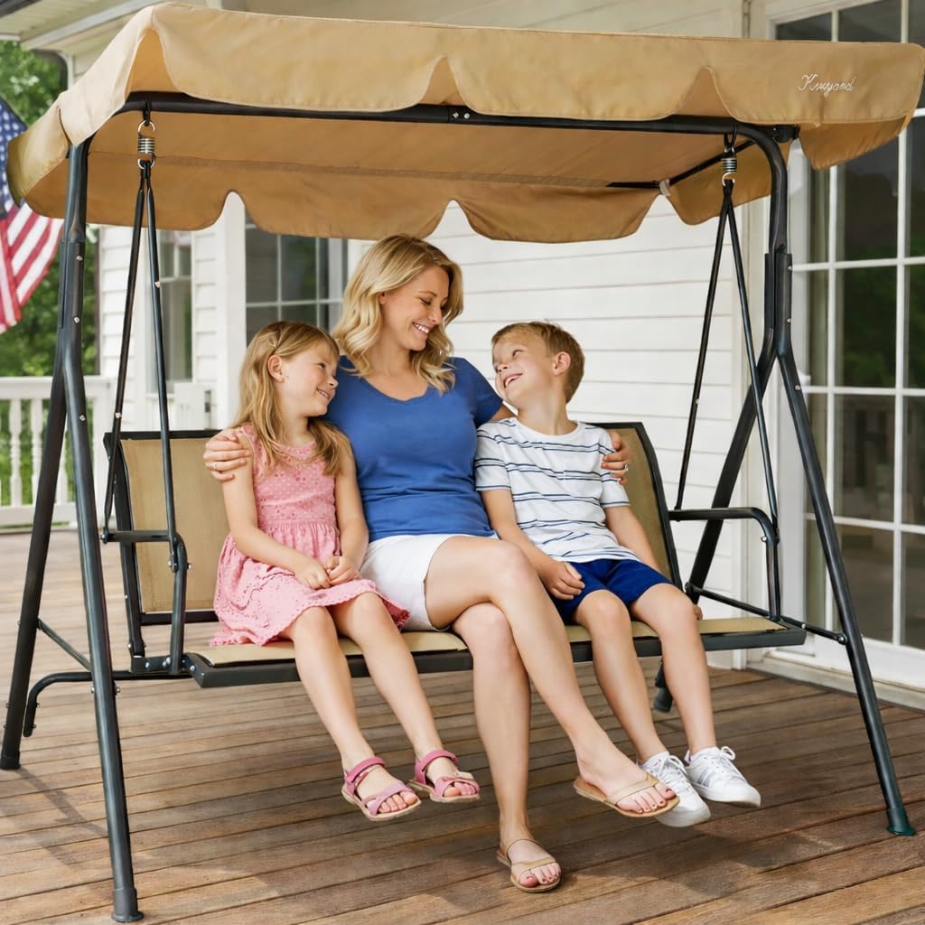 Kozyard 3-Person Outdoor Canopy Porch Swing Chair, Breathable Textilene Armrest Seat, Adjustable Shade, Heavy-Duty Powder-Coated Steel Frame Swing for Patio, Backyard, Poolside & Balcony, Beige