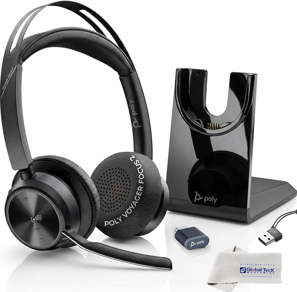 Plantronics Poly Voyager Focus 2 MS Wireless Headphones with Headset Stand, Compatible for Teams, Phones Calls, Zoom, Noise Cancelling Wireless Headset with Mic for Work, Over The Ear, GTW Microfiber