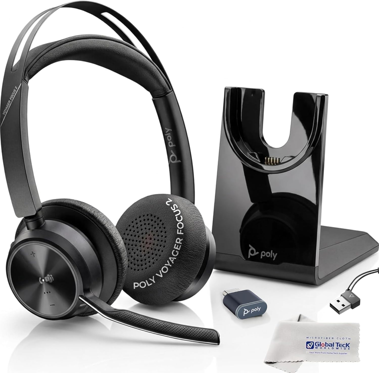 Plantronics Poly Voyager Focus 2 MS Wireless Headphones with Headset Stand, Compatible for Teams, Phones Calls, Zoom, Noise Cancelling Wireless Headset with Mic for Work, Over The Ear, GTW Microfiber