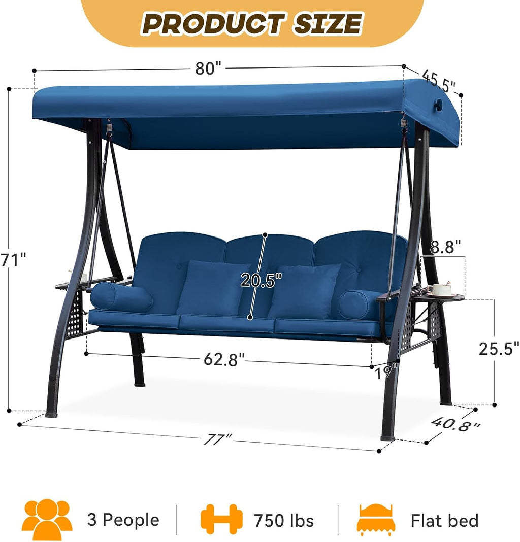 3 in 1 Outdoor Porch Swing with Adjustable Canopy, 3 Seat Outdoor Swing for Adults, Patio Swing Chair with Thickened Cushions,Pillows & Cup Holders for Backyard, Porch, Garden (Blue)