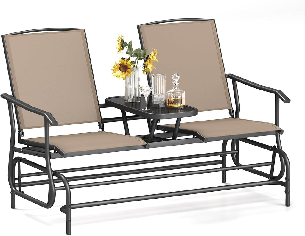 Tangkula 2 Person Swing Glider Chair, Patio Rocking Loveseat w/Center Tempered Glass Table, Outdoor Swing Bench w/Steel Frame & Breathable Mesh Fabric for Porch, Balcony, Poolside (Beige)