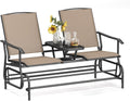 Tangkula 2 Person Swing Glider Chair, Patio Rocking Loveseat w/Center Tempered Glass Table, Outdoor Swing Bench w/Steel Frame & Breathable Mesh Fabric for Porch, Balcony, Poolside (Beige)