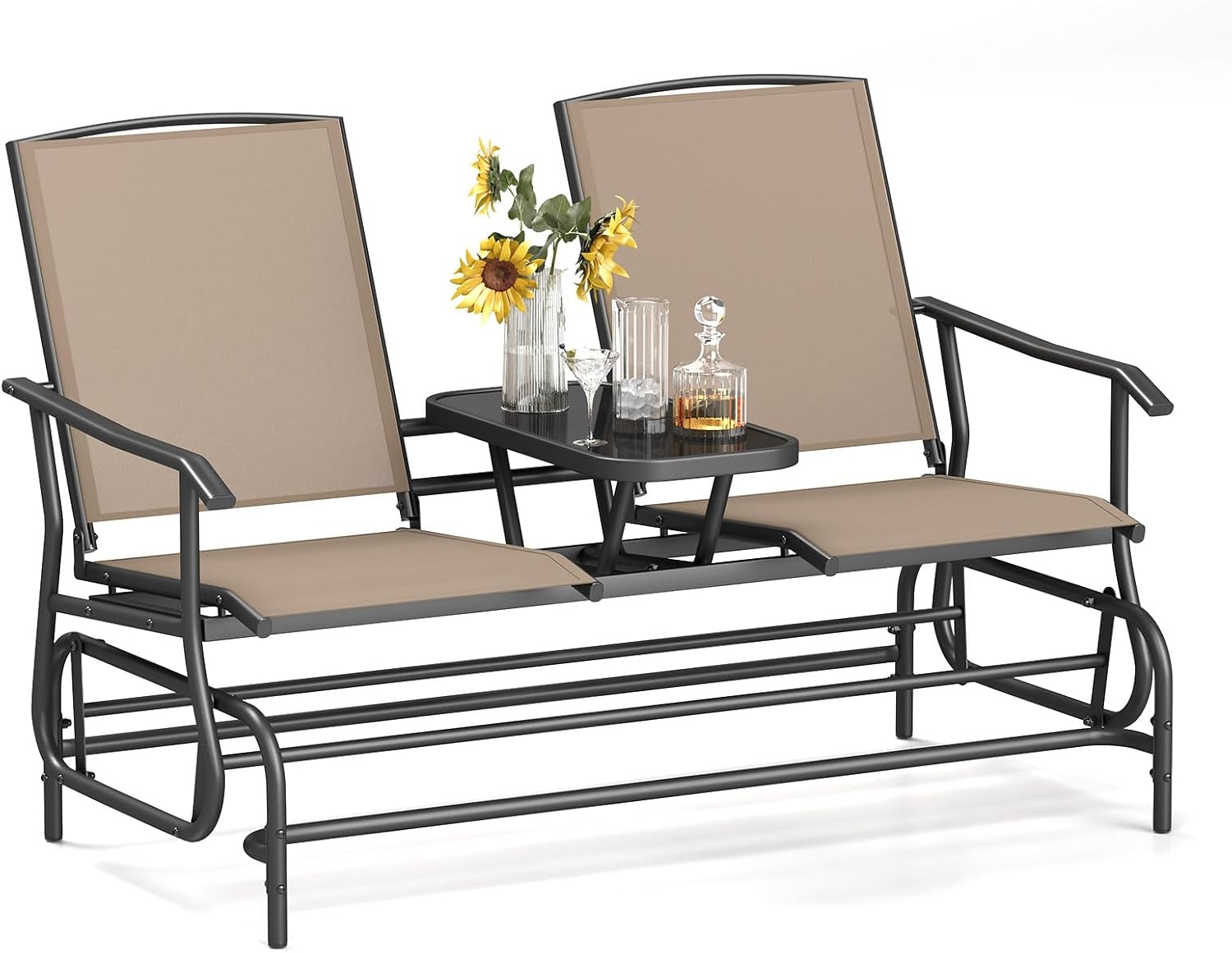 Tangkula 2 Person Swing Glider Chair, Patio Rocking Loveseat w/Center Tempered Glass Table, Outdoor Swing Bench w/Steel Frame & Breathable Mesh Fabric for Porch, Balcony, Poolside (Beige)
