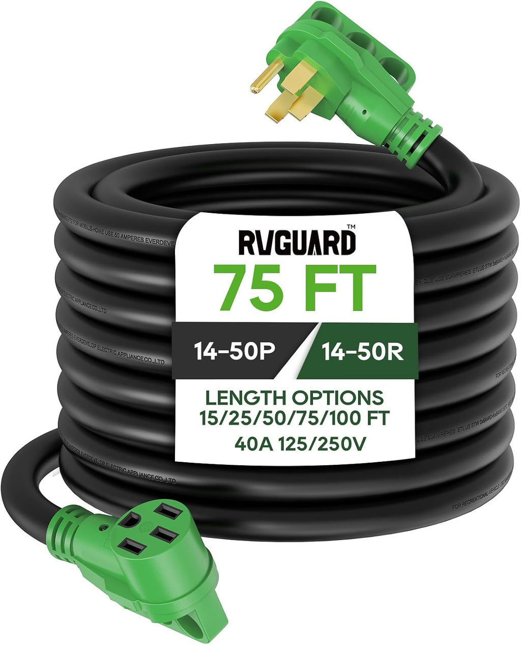 RVGUARD 50 Amp 75 Foot RV/EV Extension Cord, NEMA 14-50P/R Heavy Duty Extension Cord with LED Power Indicator and Cord Organizer, Green, ETL Listed