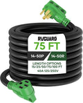 RVGUARD 50 Amp 75 Foot RV/EV Extension Cord, NEMA 14-50P/R Heavy Duty Extension Cord with LED Power Indicator and Cord Organizer, Green, ETL Listed